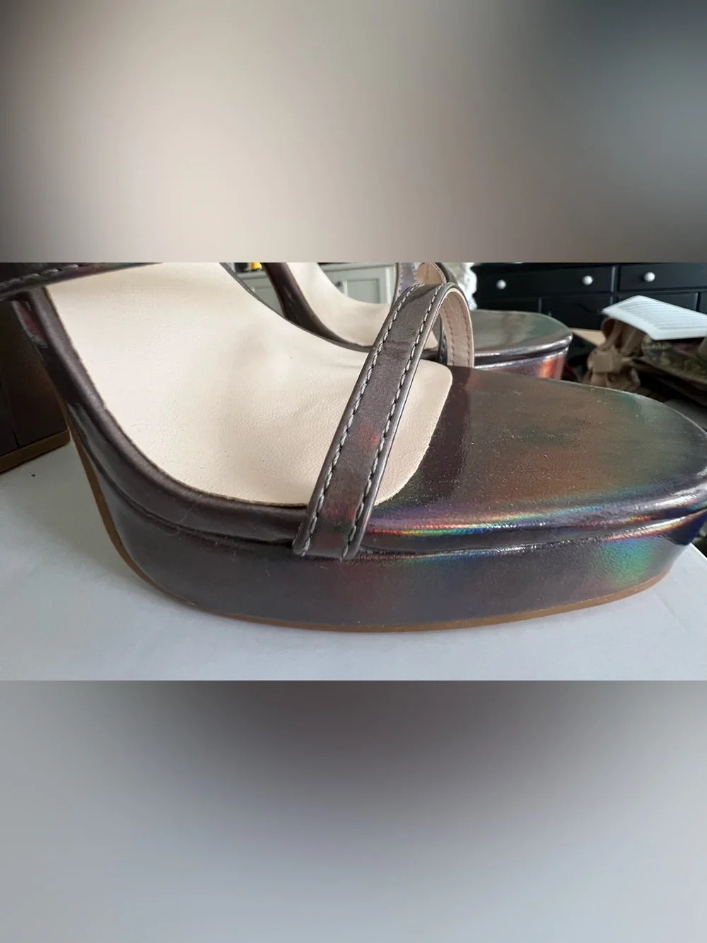 Halston Iridescent Pewter Platform Sandals. NIB. Size: 9.  Asking; $49.